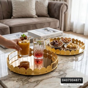 طقم صواني تقديم كاسات عصير / صحون ضيافة على شكل ليرات مدور معدن بيوتر مذهب ارضية زجاج عاكس يتكون من قطعتين