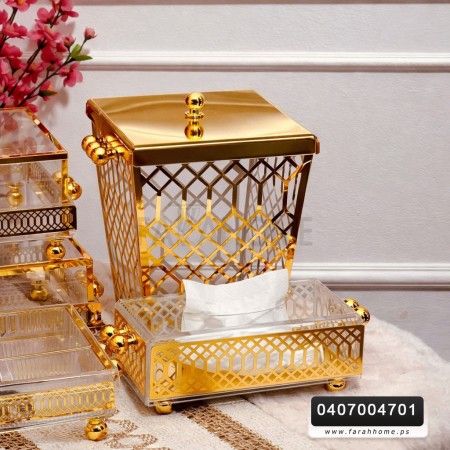 طقم سلة مهملات ذهبي مع علبة محارم اكريلك مذهب