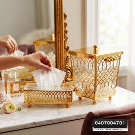 طقم سلة مهملات ذهبي مع علبة محارم اكريلك مذهب