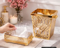 طقم سلة مهملات ذهبي مع علبة محارم اكريلك مذهب
