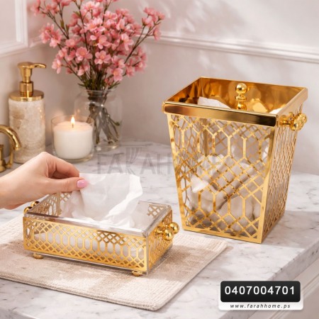 طقم سلة مهملات ذهبي مع علبة محارم اكريلك مذهب