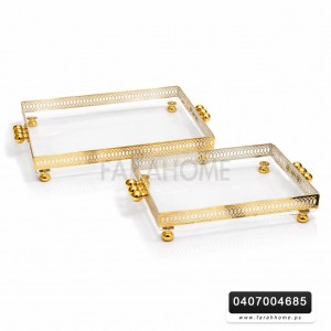 طقم صواني تقديم / ضيافة قطعتين من اكريلك شكل مستطيل شفاف مع نقش CNC ذهبي الكبير 37 × 26 سم والصغيرة 30 × 21 سم