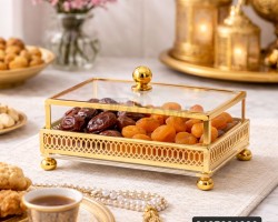 مضيفة تقديم / تفضيل اكريلك مستطيل شفاف مع غطاء CNC ذهبي حجم وسط حجم 28 × 18 سم