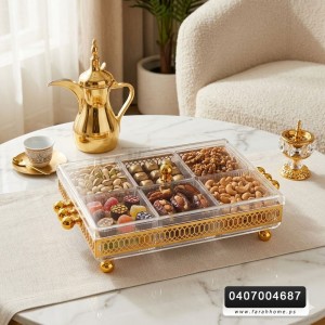 مضيفة - صينية تقديم اكريلك مقطعة مستطيلة مع 6 علب كاندي / مكسرات نقش CNC ذهبي حجم 28 × 19 سم