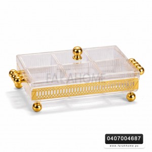 مضيفة - صينية تقديم اكريلك مقطعة مستطيلة مع 6 علب كاندي / مكسرات نقش CNC ذهبي حجم 28 × 19 سم