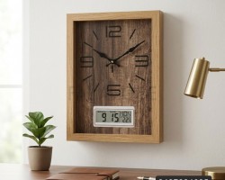 ساعة حائط تعليق خشبية لون بيج خشبي مستطيل مقاس 35×50 مع شاشة الكترونية