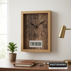 ساعة حائط تعليق خشبية لون بيج خشبي مستطيل مقاس 35×50 مع شاشة الكترونية