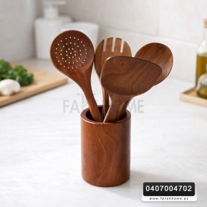 مغارف خشب اربع قطع مع ستاند كأس خشب/ثقيل 5 قطع 36 سم