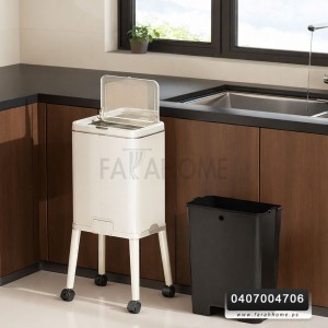 سلة / سطل مهملات معدن لون بيج مع ارجل وعجال قابل للحركة حجم كبير مستطيل 70 سم