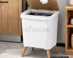 سطل / سلة مهملات لون بيج وغطا خشبي برجل حجم 12 لتر مستطيل مقاس 29×24×46 سم