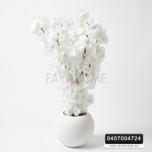 قوار ايبض مدور مع ورد شجر لوز ابيض ارتفاع 60 سم