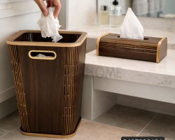 طقم سلة مهملات يد ذهبية مع علبة محارم خشب CNC