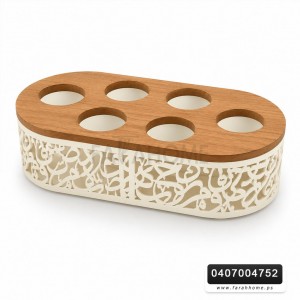 حمالة فناجين / علب كولا او فرش 6 عيون خشب مع تنك CNC خط عربي حمالة فناجين / علب كولا او فرش 6 عيون خشب مع تنك CNC خط عربي