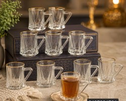 طقم كاسات شاي سادة حز ذهبي قاعدة سداسية يد مثلث 12 قطعة