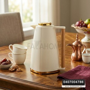 دلة ثيرموس ابيض / اوفوايت يد خشب طويلة غطاء ذهبي