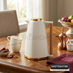 دلة ثيرموس ابيض / اوفوايت يد خشب طويلة غطاء ذهبي