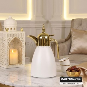 دلة ثيرموس ستيل ابيض غطا ذهبي  يد ذهبي رفيع