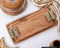 طقم صواني ضيافة خشب يدين نحاس هندي قطعتين 21.5 × 60 سم + 18 × 45 سم