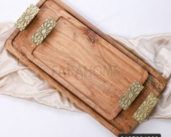 طقم صواني ضيافة خشب يدين نحاس هندي قطعتين 21.5 × 60 سم + 18 × 45 سم