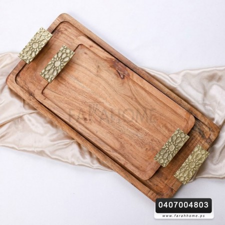 طقم صواني ضيافة خشب يدين نحاس هندي قطعتين 21.5 × 60 سم + 18 × 45 سم