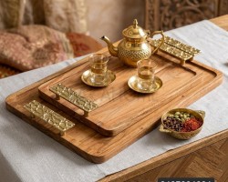 طقم صواني ضيافة خشب يدين نحاس هندي 35.5 × 53.5 + 44.28 سم