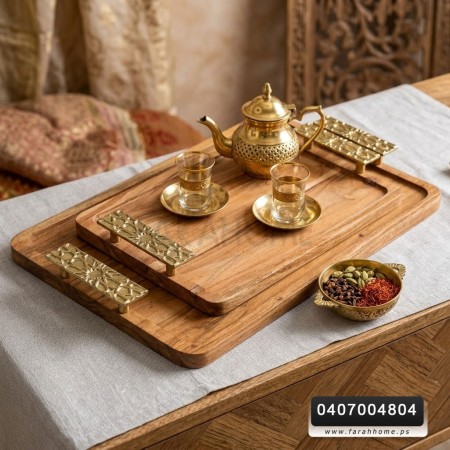 طقم صواني ضيافة خشب يدين نحاس هندي 35.5 × 53.5 + 44.28 سم