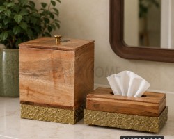 طقم/علبة محارم وسلة مهملات خشب ونحاس هنديD300