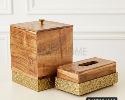 طقم/علبة محارم وسلة مهملات خشب ونحاس هنديD300