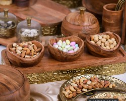 طقم تقديم مكسرات خشب ونحاس هندي 3 صحون + صينية