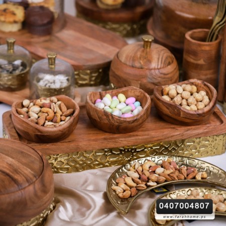 طقم تقديم مكسرات خشب ونحاس هندي 3 صحون + صينية