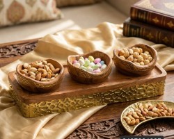 طقم تقديم مكسرات خشب ونحاس هندي 3 صحون + صينية