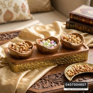 طقم تقديم مكسرات خشب ونحاس هندي 3 صحون + صينية