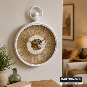 ساعة حائط ابيض بحلقة مع ارقام انجليزية كبيرة ذهبي 45 سم