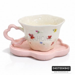 كاسة ماج بورسلان مع صحن هاند ميد مرسم ورد زهري