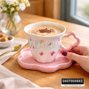 كاسة ماج بورسلان مع صحن هاند ميد مرسم ورد زهري