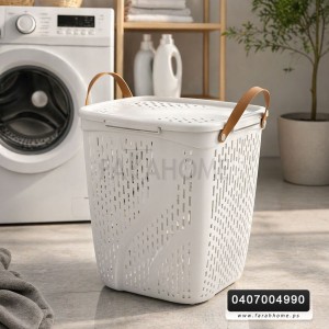 سلة غسيل سيلكون مستطيل يد جلد مع غطا