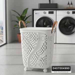 سلة غسيل سيلكون مستطيل يد جلد مع غطا وعجال