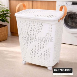 سلة غسيل سيلكون مستطيل يد جلد مع غطا وعجال