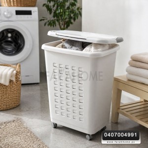 سلة غسيل بلاستيك مستطيل بغطا وعجال