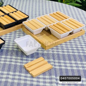 طقم صحون مكسرات / فطور بلاستيك مع غطاء و صنية خشبي 6 صحون
