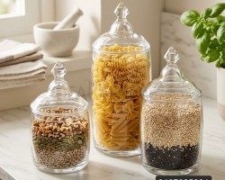 طقم مطربان / مرتبانات مع غطا زجاج شفاف ملس 3 قطع مقاسات 22+17+15 سم