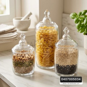 طقم مطربان / مرتبانات مع غطا زجاج شفاف ملس 3 قطع مقاسات 22+17+15 سم