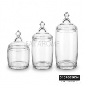 طقم مطربان / مرتبانات مع غطا زجاج شفاف ملس 3 قطع مقاسات 22+17+15 سم