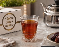 طقم كاسة عصير / شاي عدد 12 قطعة قرطوس زجاج شفاف ملس قاعدة ملس 255ML ADC7100CLEAR