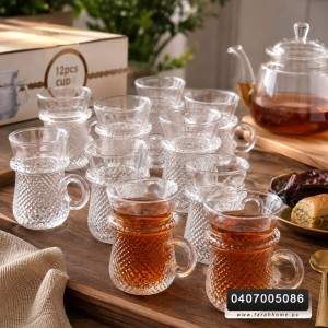 طقم كاسة شاي 12 قطعة شفاف (مجدول-مبزر-مثلج) مع يد مدور ADC7105 CLEAR