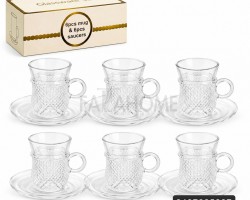 طقم كاسة شاي 12 قطعة 6+6 شفاف (مجدول-مبزر-مثلج) مع يد مدور مع استكانات ADC7106 CLEAR