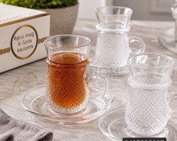 طقم كاسة شاي 12 قطعة 6+6 شفاف (مجدول-مبزر-مثلج) مع يد مدور مع استكانات ADC7106 CLEAR