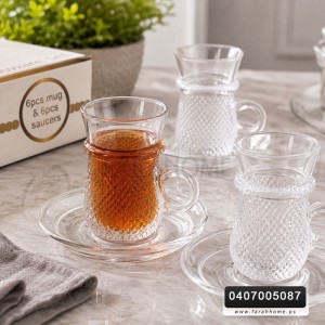 طقم كاسة شاي 12 قطعة 6+6 شفاف (مجدول-مبزر-مثلج) مع يد مدور مع استكانات ADC7106 CLEAR