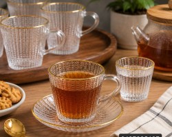 طقم كاسات شاي زجاج قاع مبزر مع يد وحيف ذهبي 24 قطعة ( 12 كاسة + 12 استكانة )