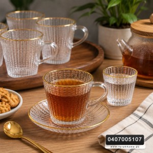 طقم كاسات شاي زجاج قاع مبزر مع يد وحيف ذهبي 24 قطعة ( 12 كاسة + 12 استكانة )